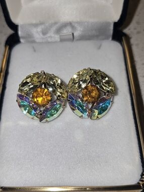 Crystal Floral Cluster Earrings in Yellow and Iridescent